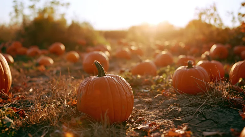 Pumpkins scattered across a dry autumn field under warm sunlight