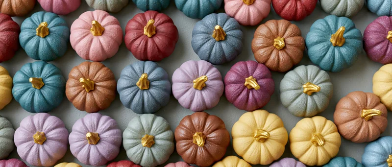 Small painted pumpkins arranged in rows on a flat surface