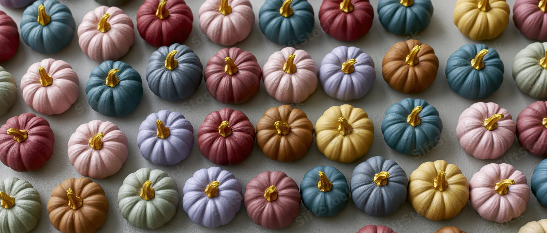 Small painted pumpkins arranged in rows on a gray surface