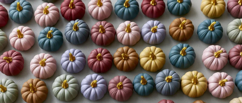 Small painted pumpkins arranged in rows on a gray surface