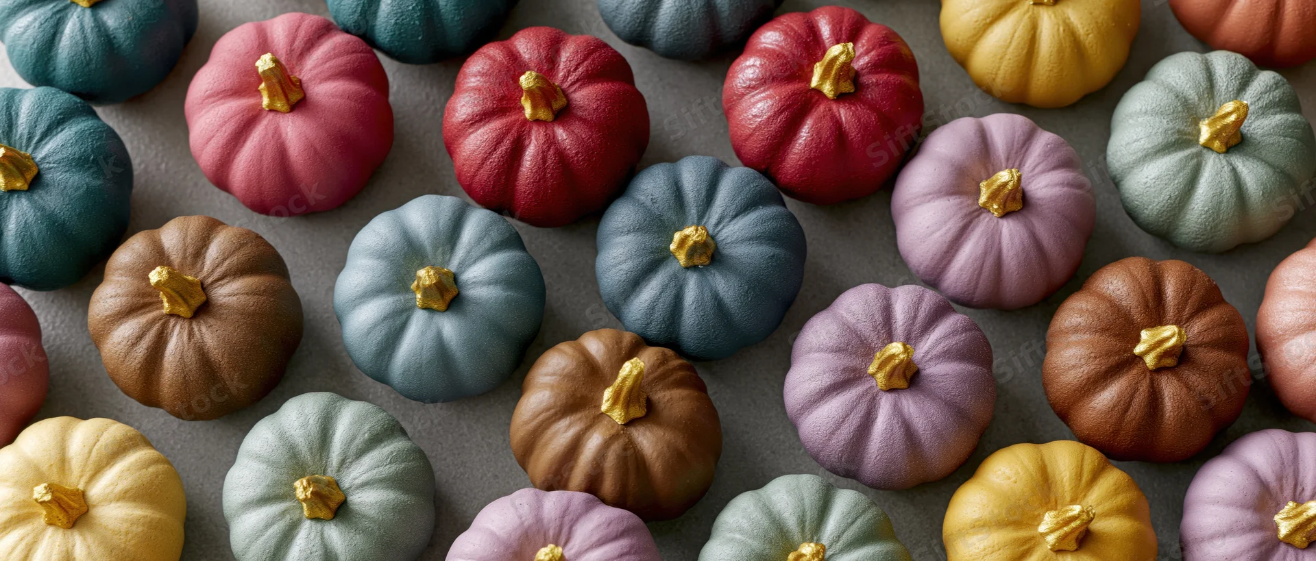 Small painted pumpkins arranged in rows on a gray surface