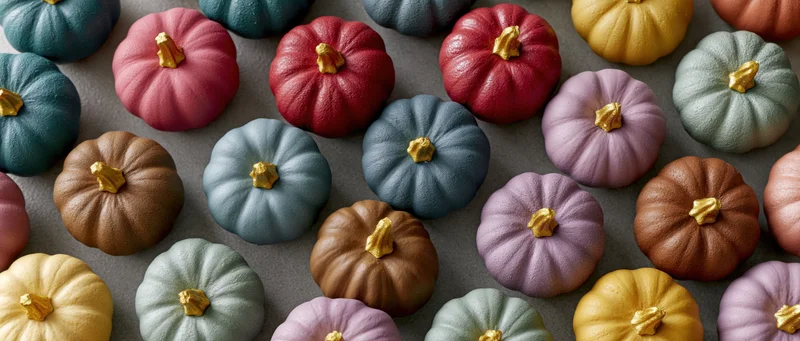 Small painted pumpkins arranged in rows on a gray surface