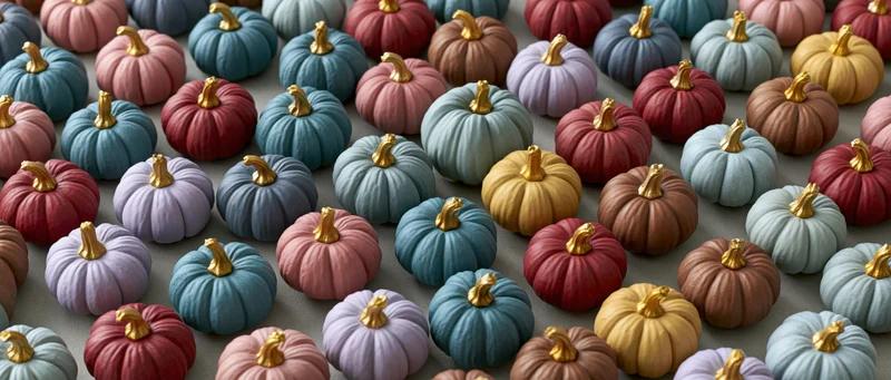 Dozens of small painted pumpkins arranged in rows on a gray surface