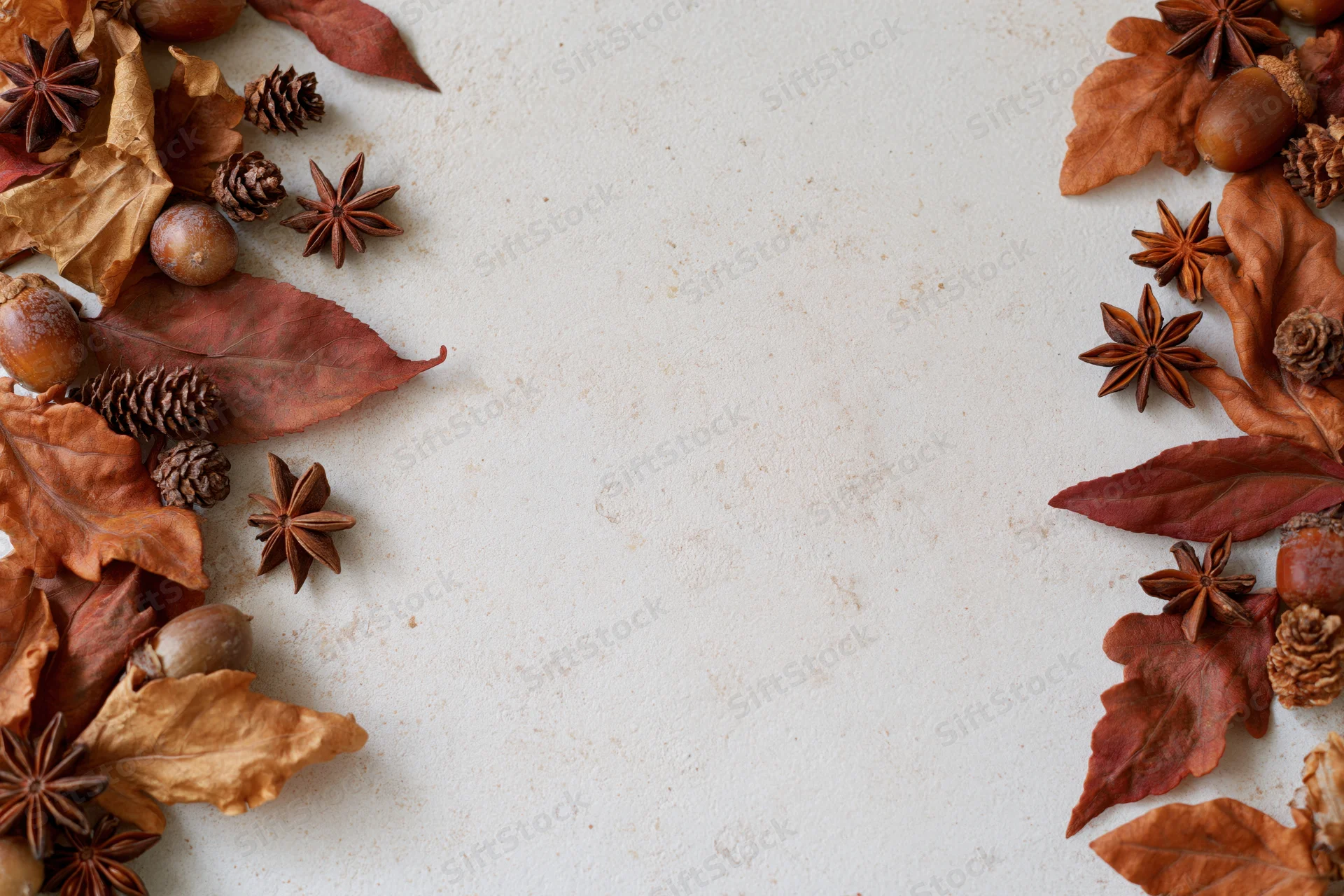 Dried autumn leaves acorns star anise and pine cones arranged in border on textured surface with copyspace