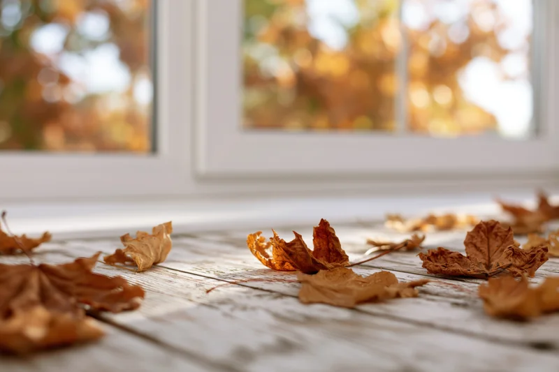 Dried autumn maple leaves scattered on a weathered white-painted wooden floor near a window with blurred foliage outside