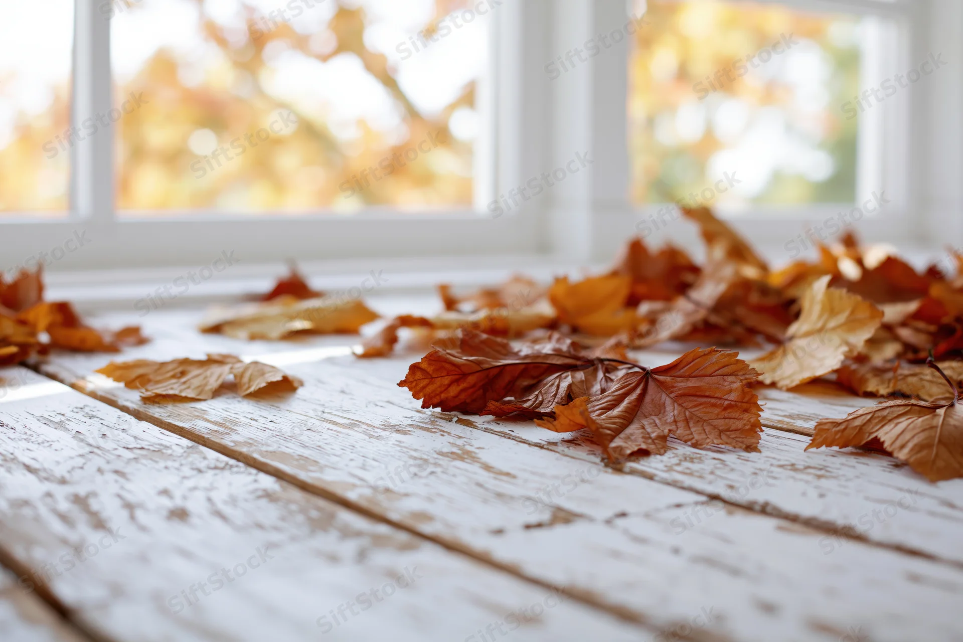 Dried autumn leaves scattered on a weathered white-painted wooden surface near a window