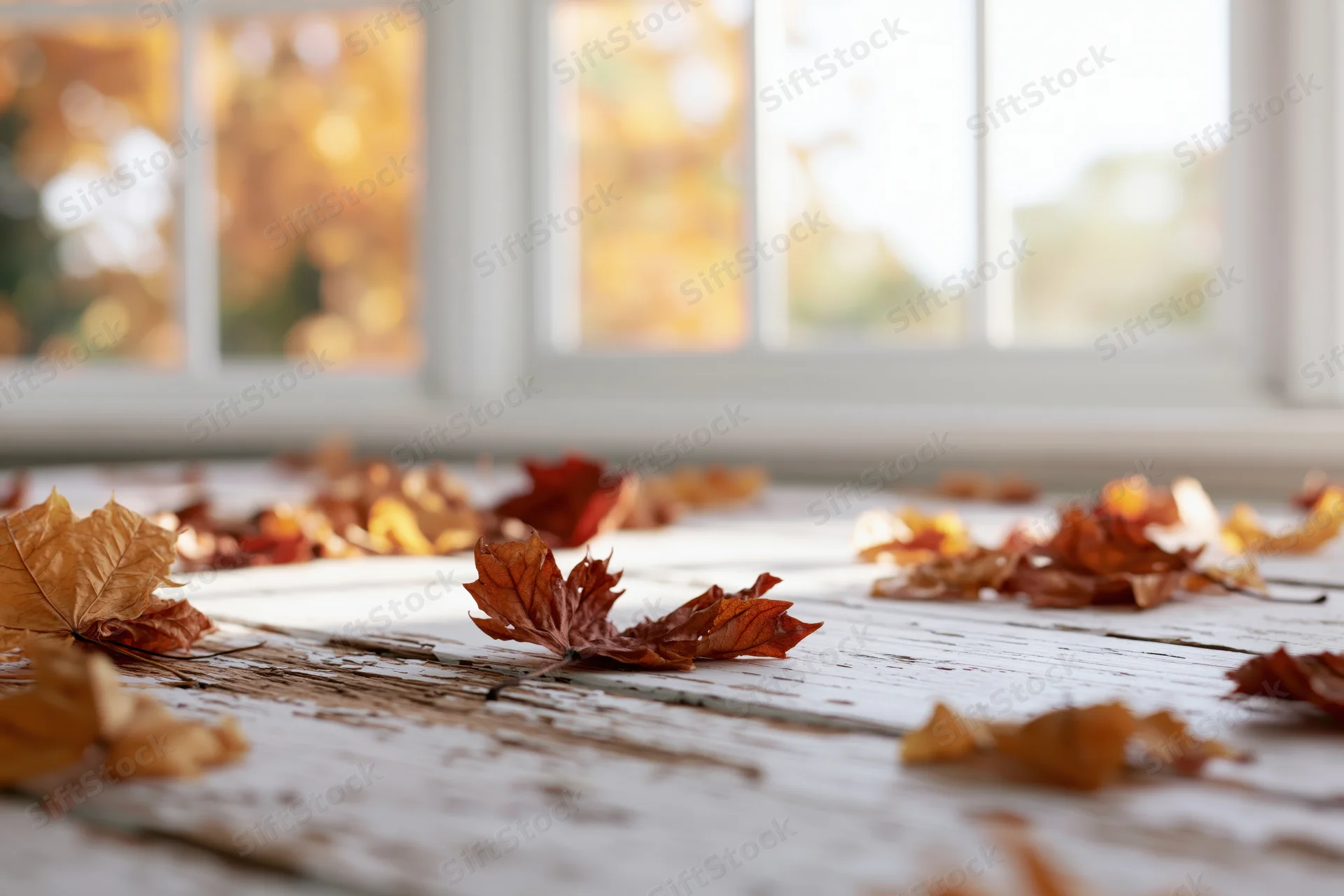 Dried autumn leaves scattered on a weathered white-painted wooden surface near a window