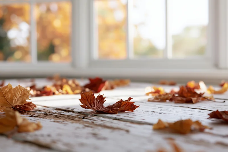 Dried autumn leaves scattered on a weathered white-painted wooden surface near a window