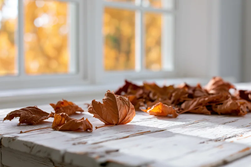 Dried autumn leaves scattered on a worn white-painted wooden table near a window
