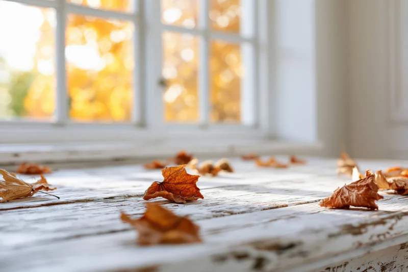 Dried autumn leaves scattered on a worn white-painted wooden surface near a window with autumn foliage visible outside