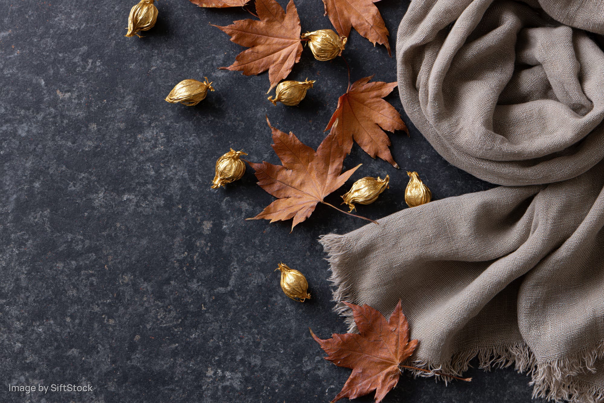 Dried maple leaves and golden seed pods arranged with a gray scarf on a dark textured surface