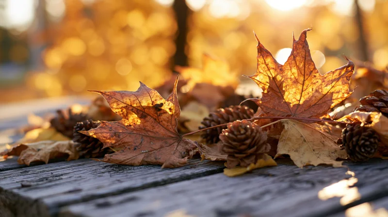 Dried maple leaves and pine cones arranged on a wooden table in autumn sunlight