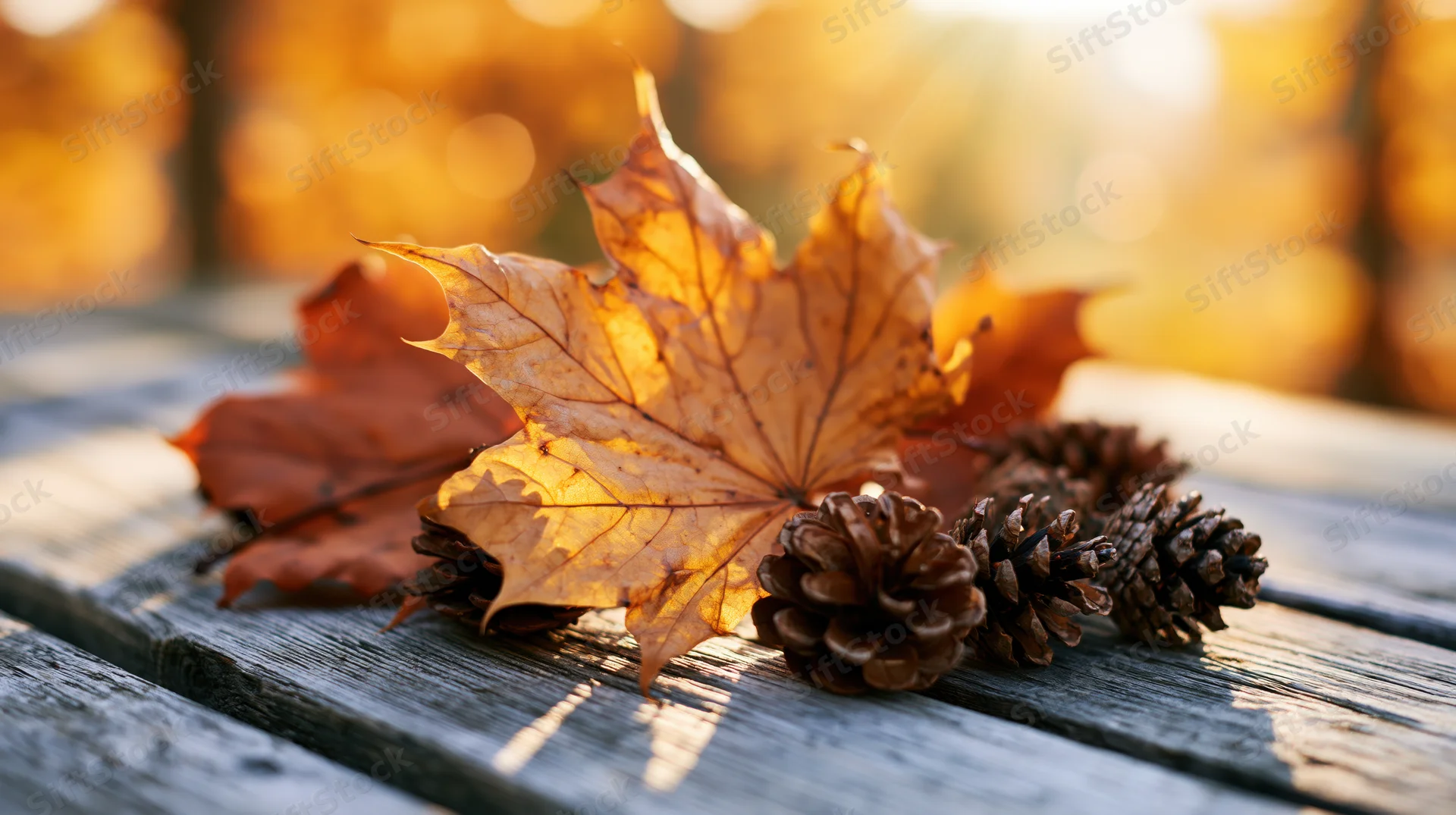 Dried maple leaves and pine cones arranged on a weathered wooden table in warm sunlight