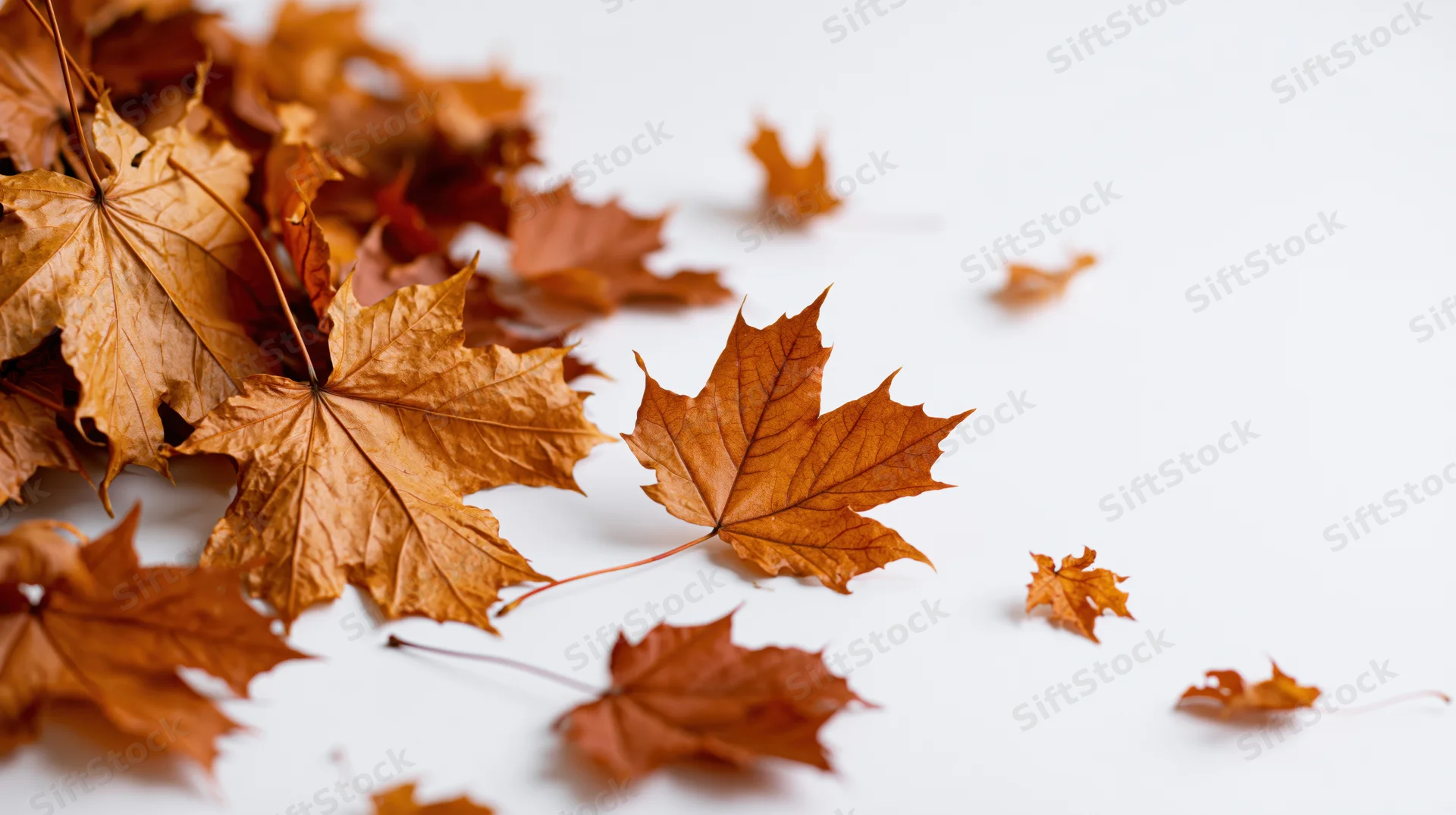 Dried maple leaves scattered across a white surface with copyspace