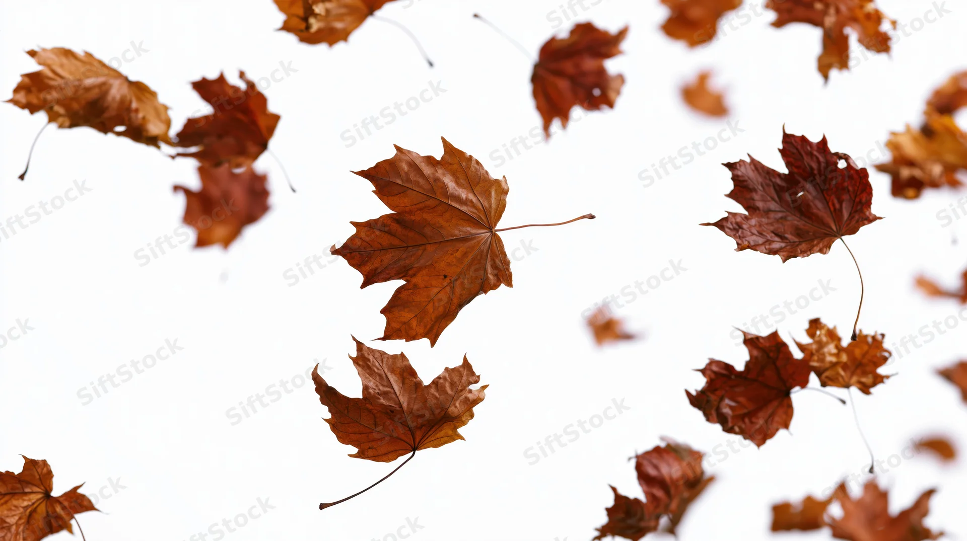 Dried maple leaves swirling in midair against a white background