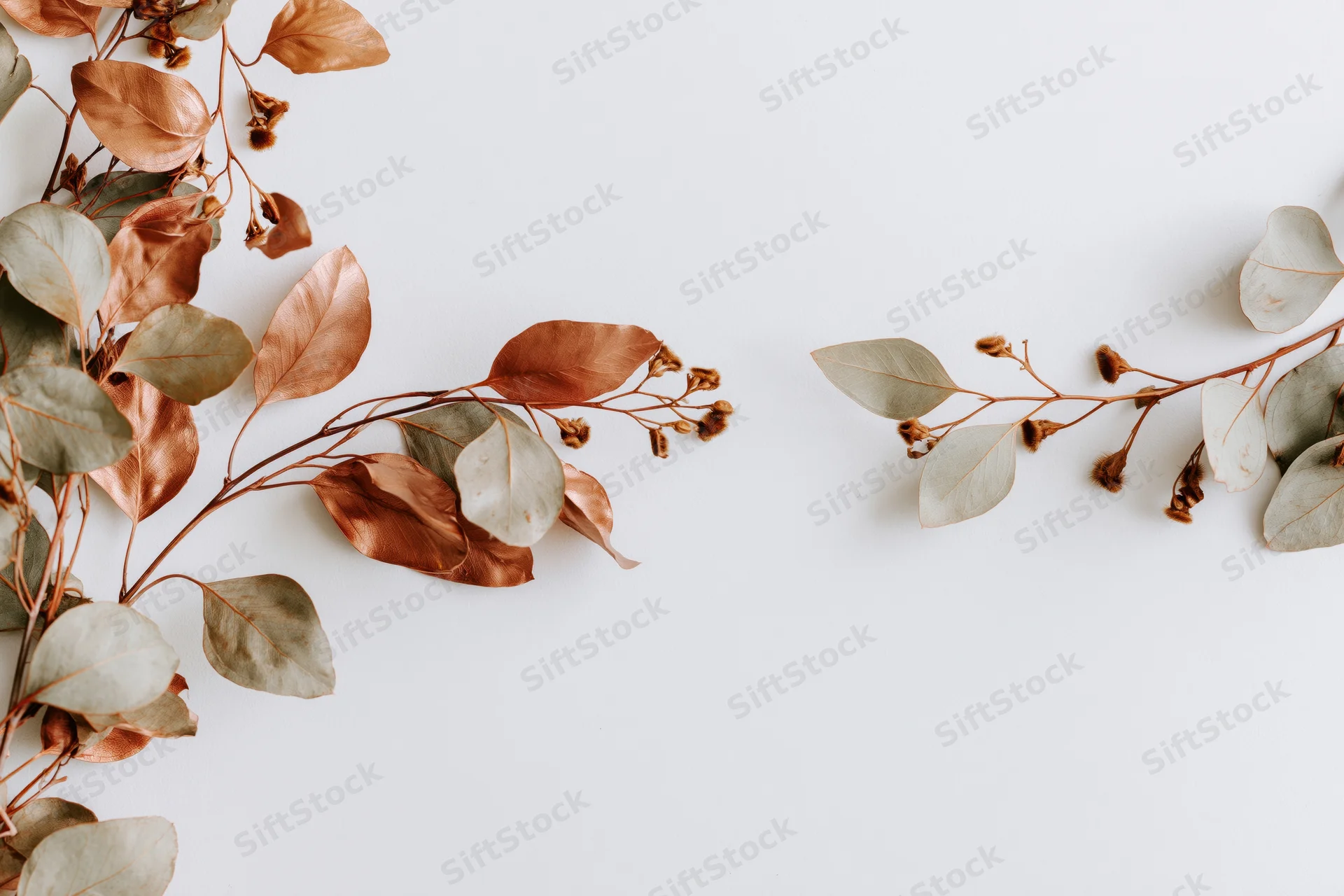 Dried eucalyptus branches with copper and sage leaves arranged on white surface