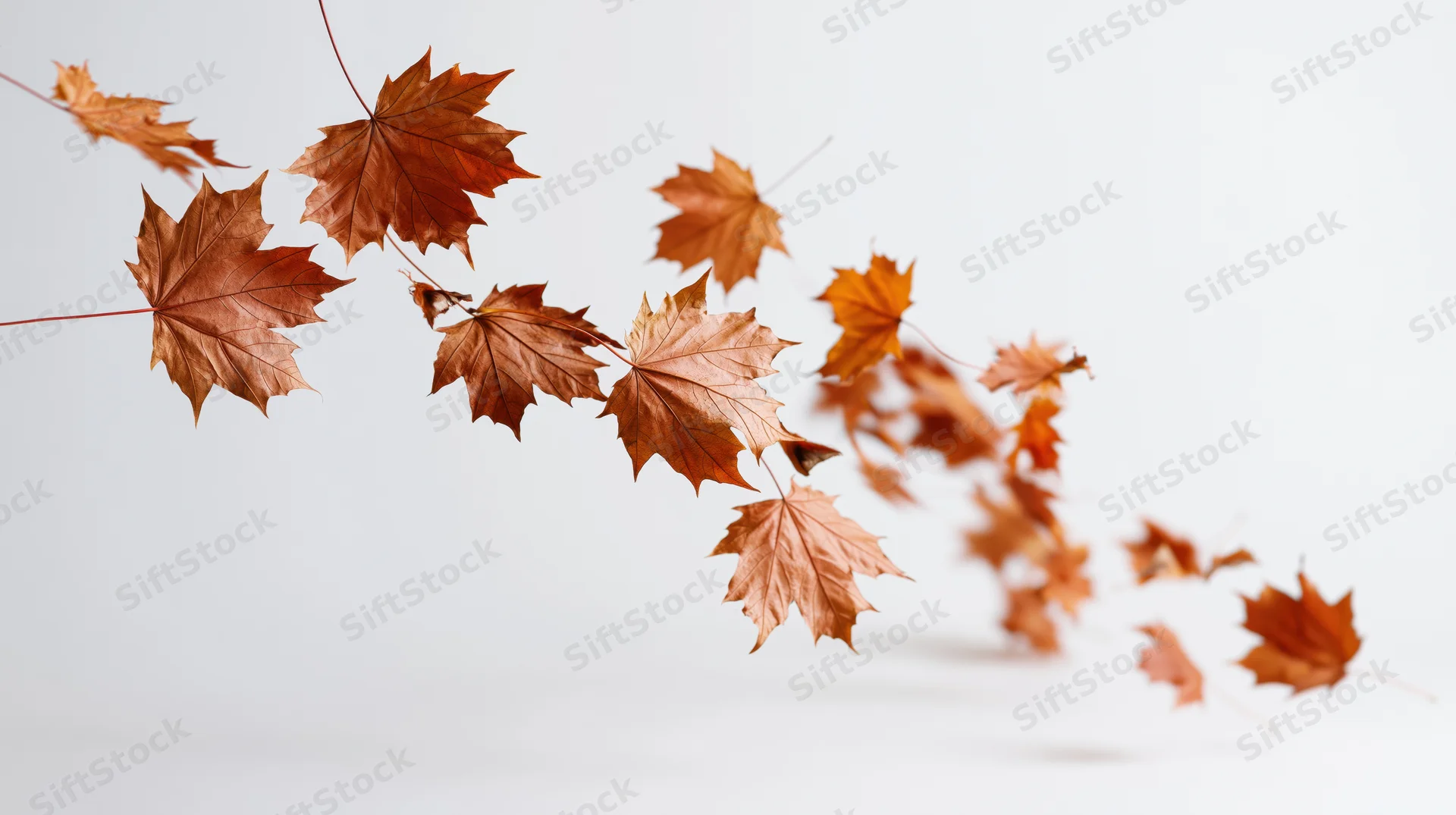 Dry maple leaves falling in diagonal motion against white background