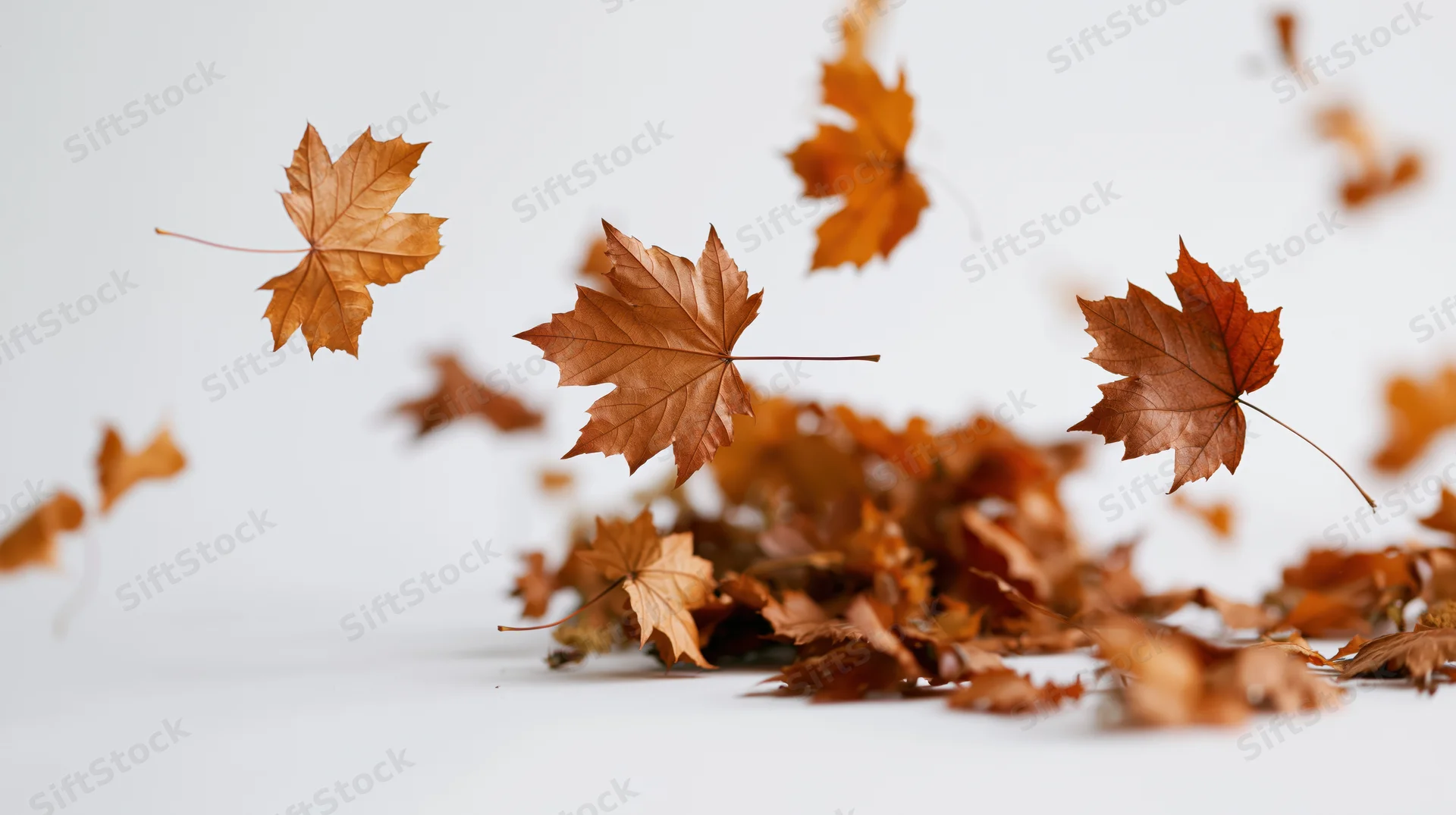 Dry maple leaves falling midair in a diagonal sweep over white surface