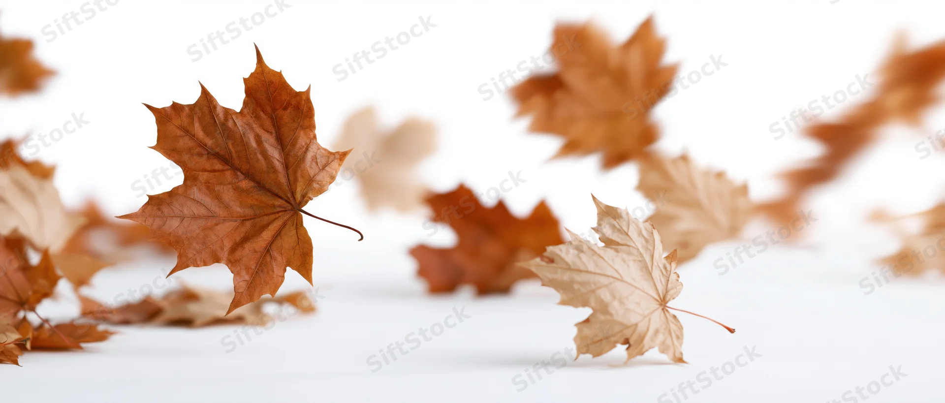 Dry maple leaves swirling in mid-air against a white background