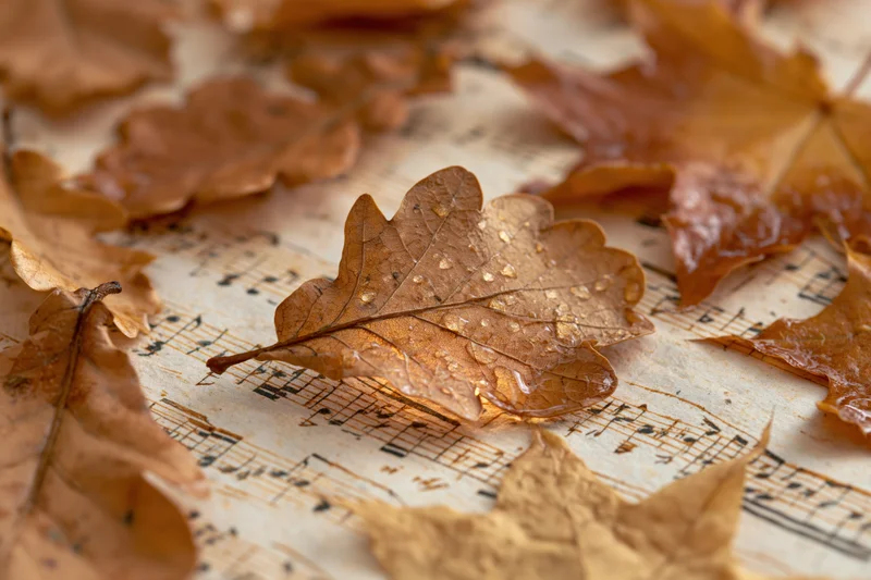 Dry autumn oak and maple leaves scattered across aged sheet music