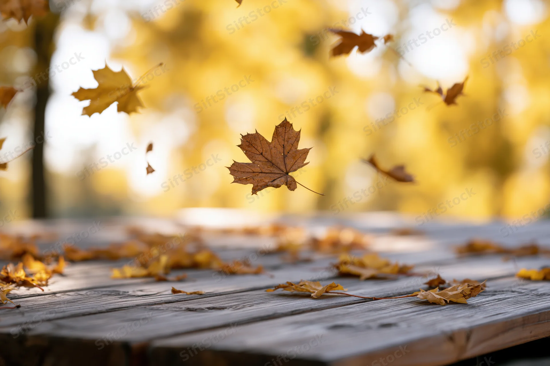 Maple leaves falling and scattered across a weathered wooden table outdoors