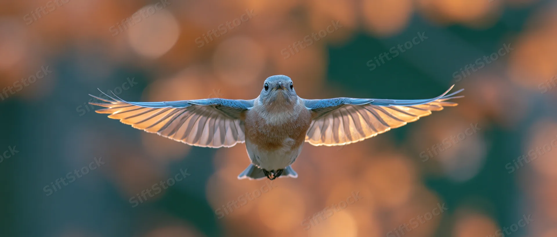 Eastern bluebird in mid-flight with wings fully spread against a blurred natural background