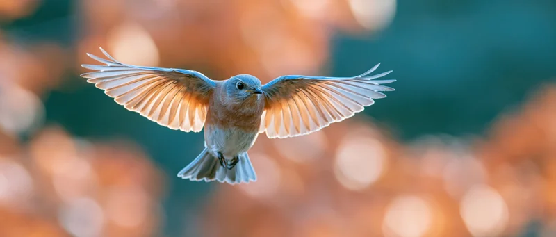 Eastern bluebird in mid-flight with wings fully spread against a blurred natural background