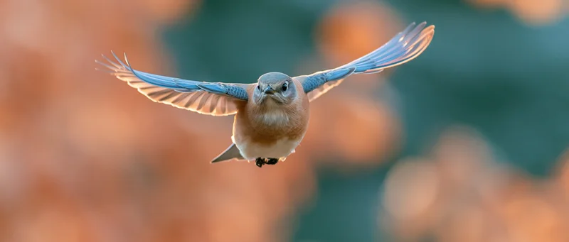 Eastern bluebird in mid-flight with wings fully spread against blurred natural background