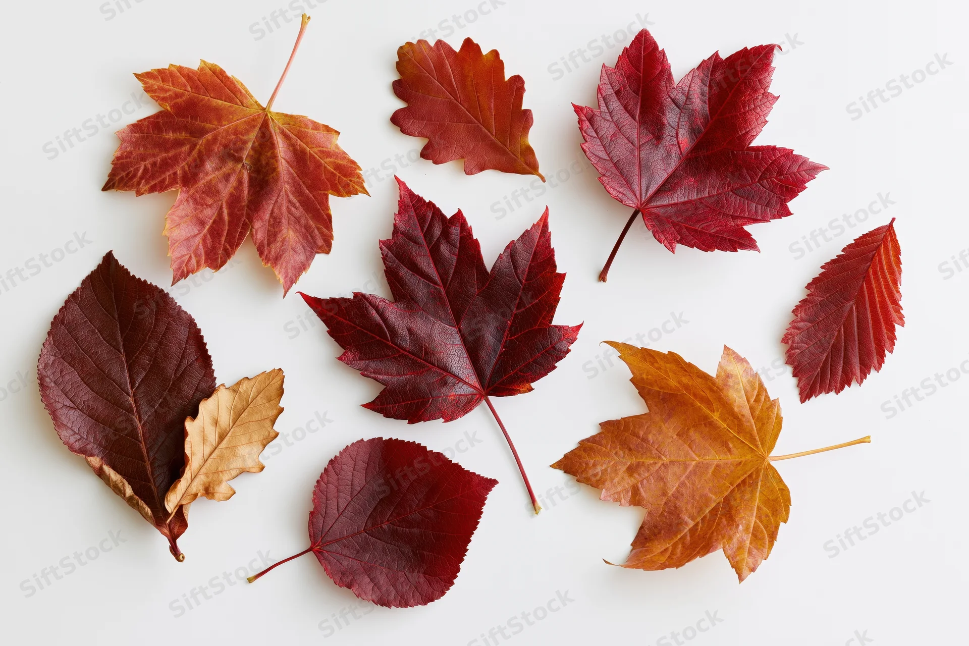 Autumn leaves arranged on white background with copyspace