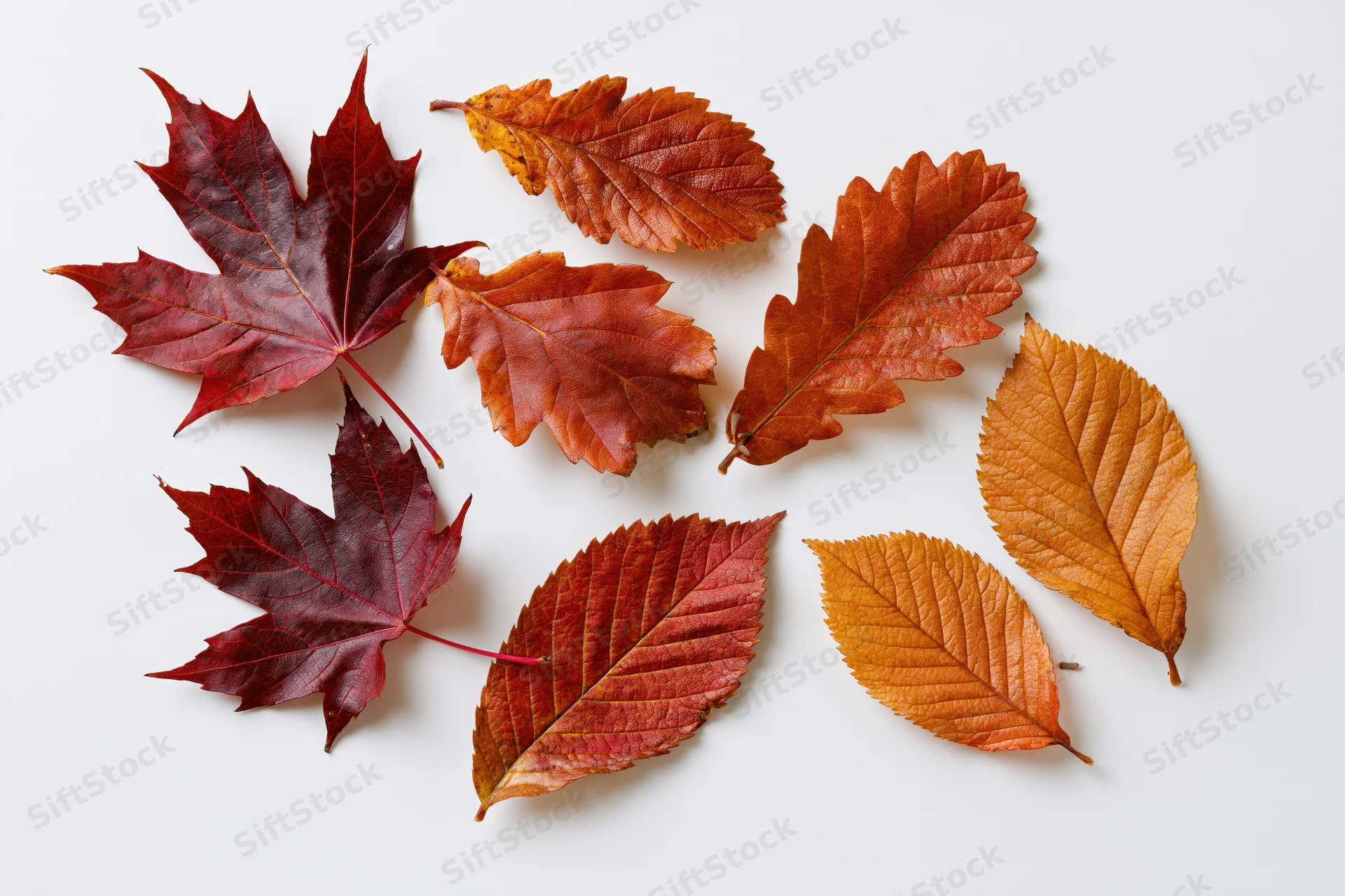 Autumn leaves of maple, oak, elm and birch arranged on white background
