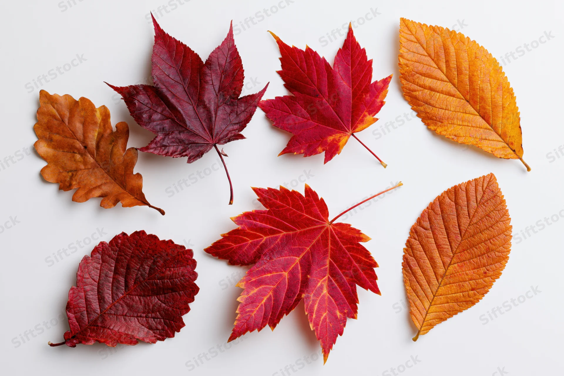Autumn leaves of maple, oak, elm and birch arranged on white background
