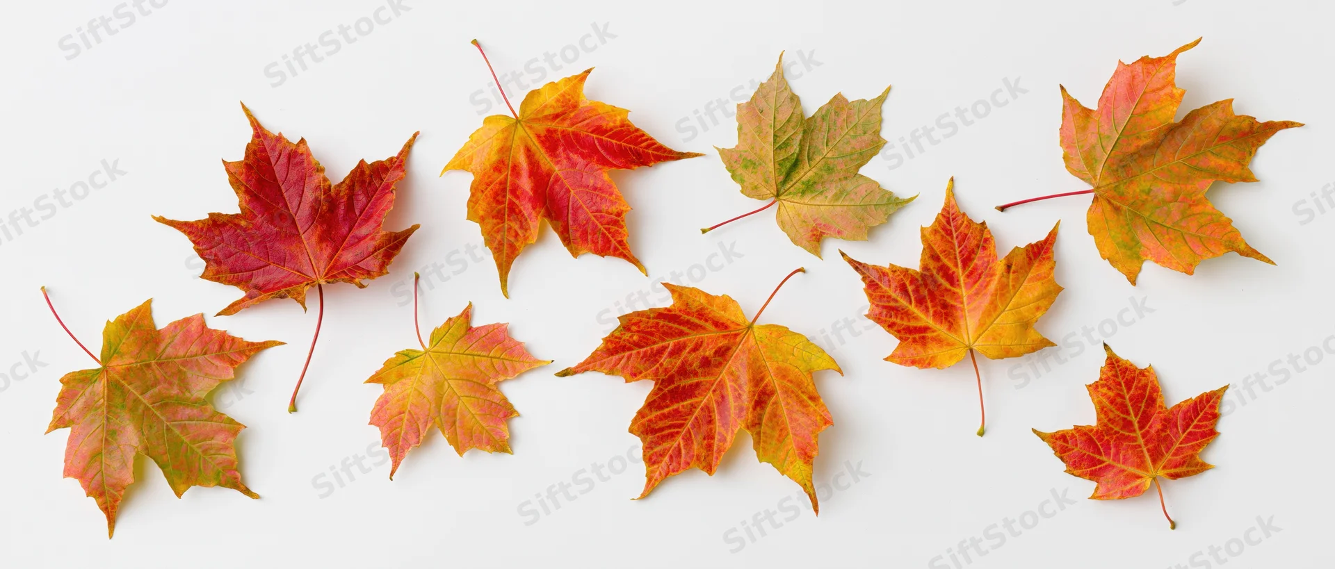 Maple leaves arranged in a loose pattern on a white surface