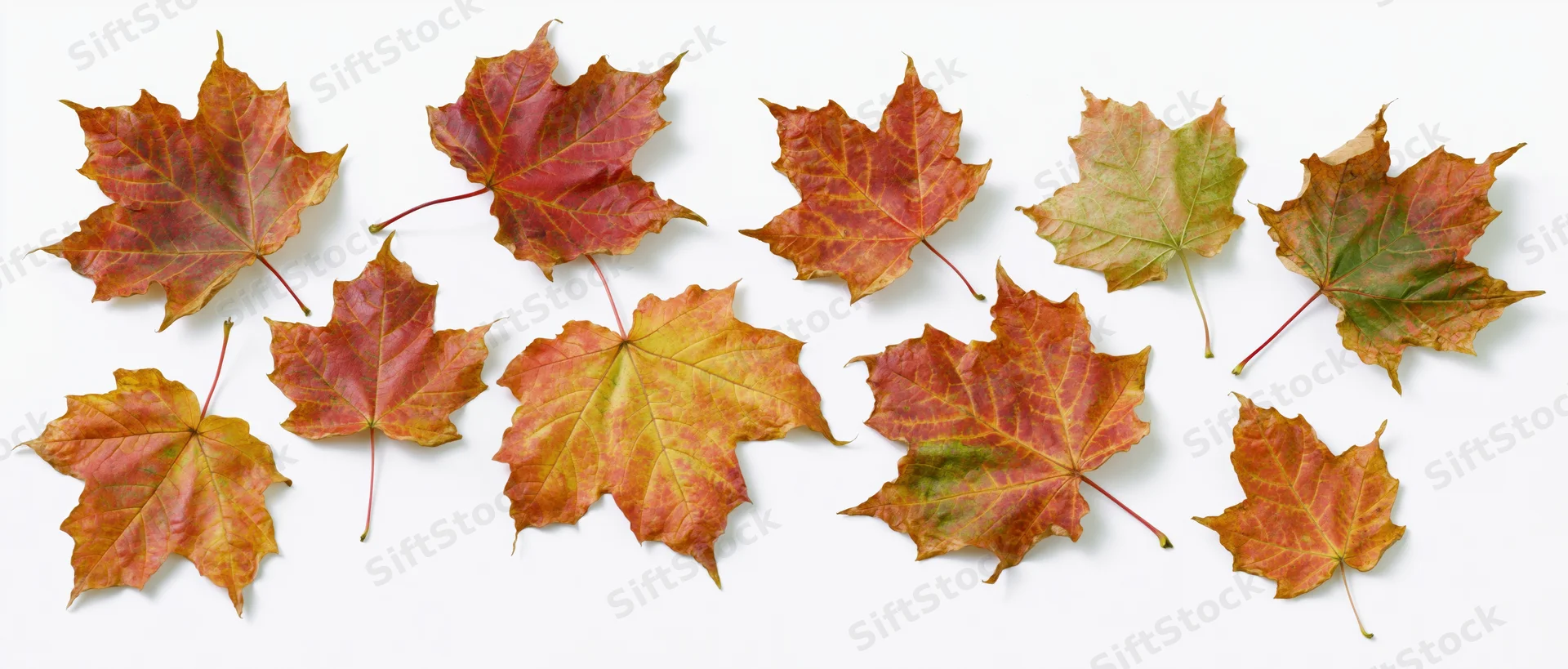 Maple leaves arranged loosely on white background