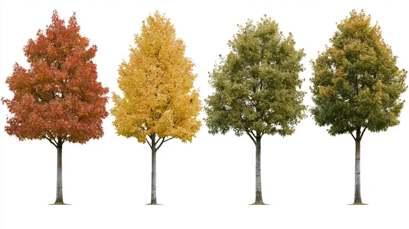 Four deciduous trees in autumn foliage arranged in a row on white background