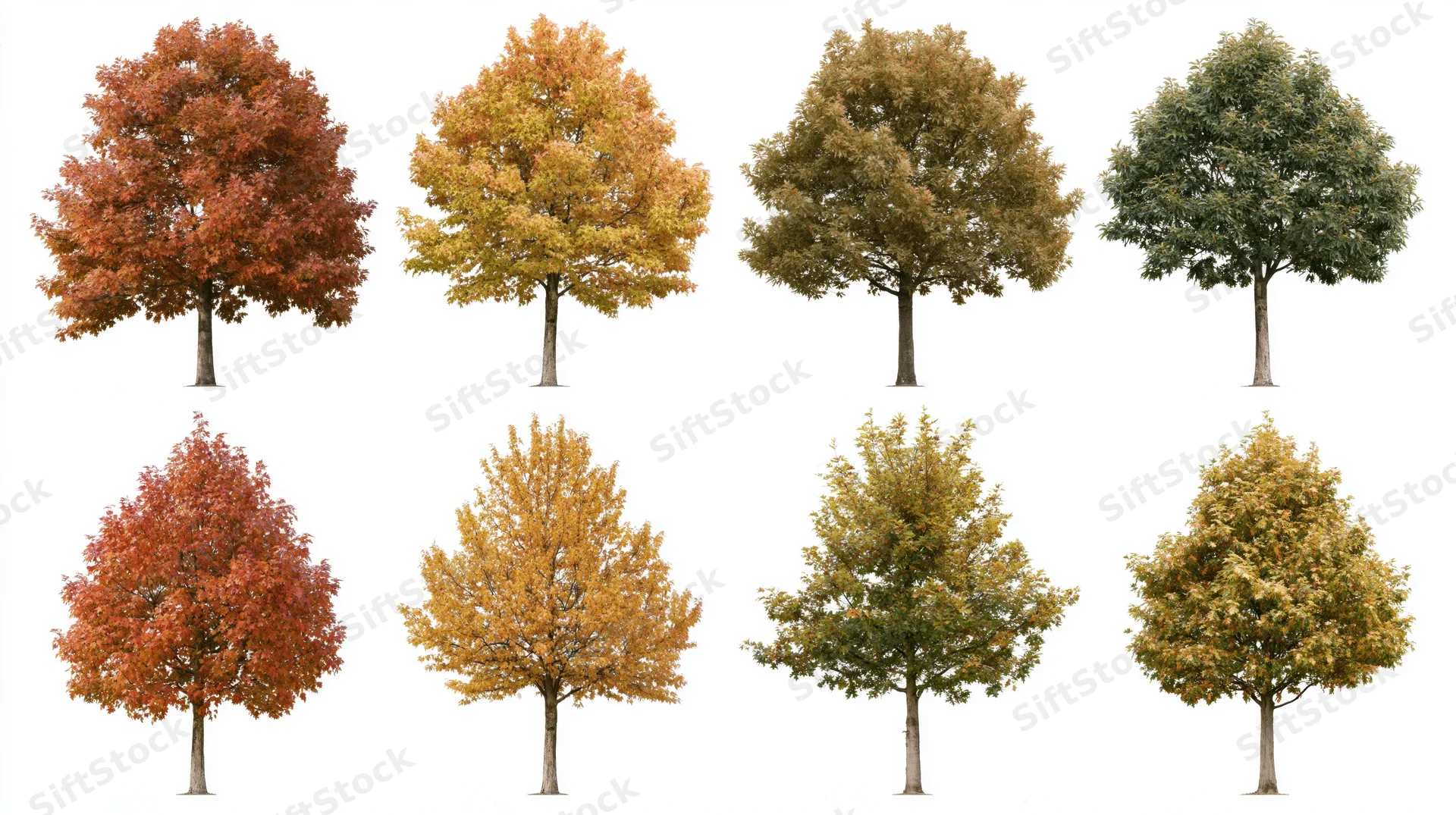 Eight deciduous trees in autumn foliage arranged in two rows on white background