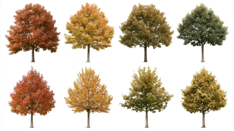 Eight deciduous trees in autumn foliage arranged in two rows on white background