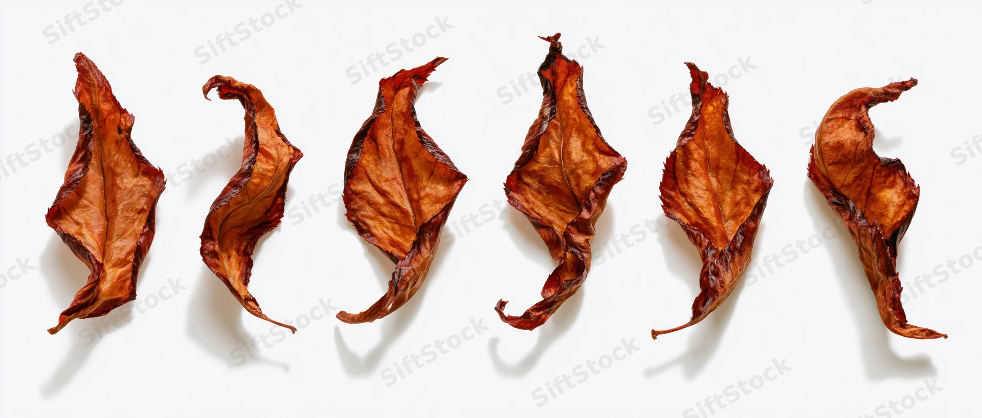 Dried autumn leaves arranged in a horizontal row on a white background