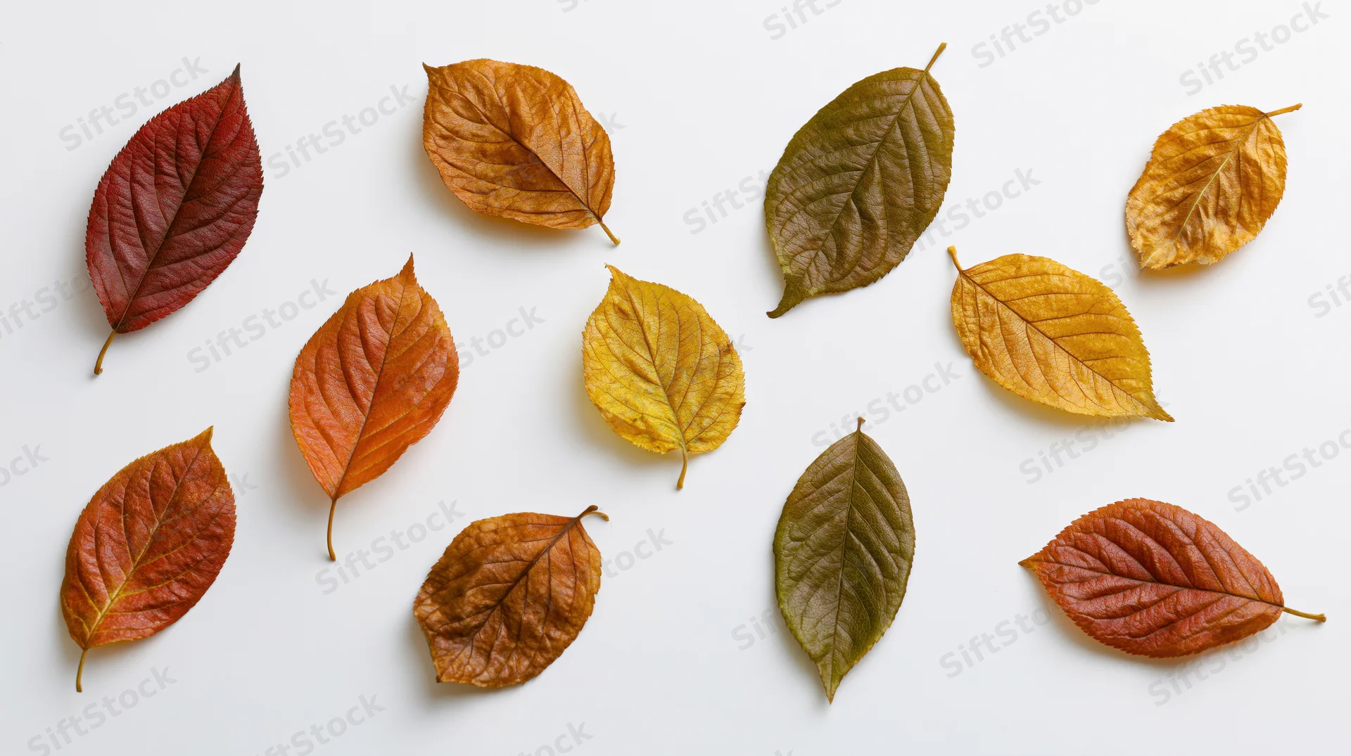 Dried autumn leaves scattered across a white surface in a flat lay composition