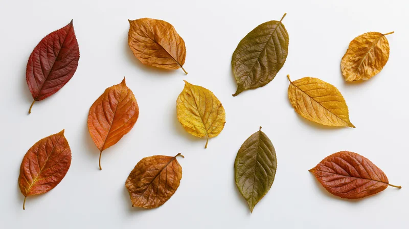 Dried autumn leaves scattered across a white surface in a flat lay composition