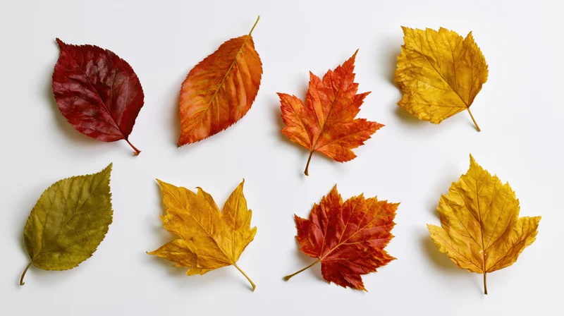 Eight dried autumn leaves of different species arranged on a white surface
