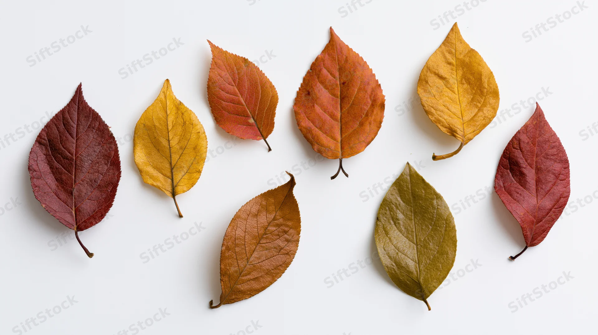 Dried autumn leaves arranged in a flat lay on white background