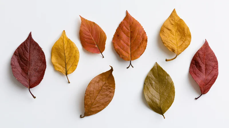 Dried autumn leaves arranged in a flat lay on white background