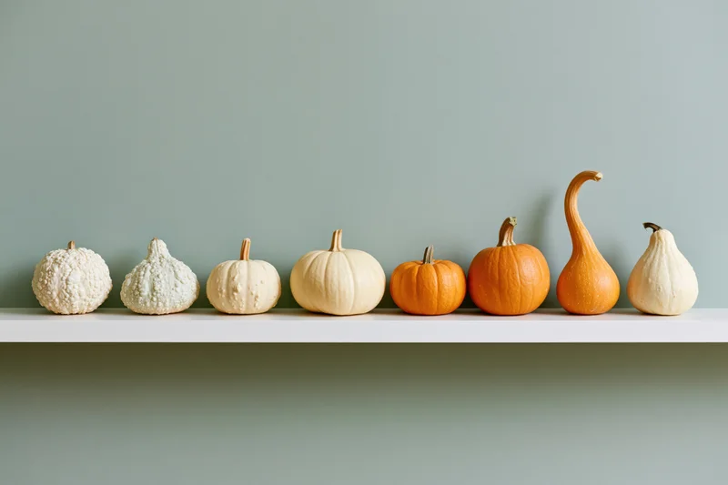 Eight small decorative gourds and mini pumpkins arranged in a row on a white shelf against a muted green wall
