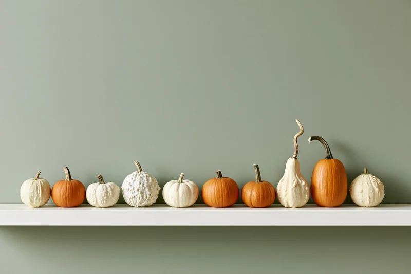 Small decorative pumpkins and gourds arranged in a row on a white shelf against a muted green wall