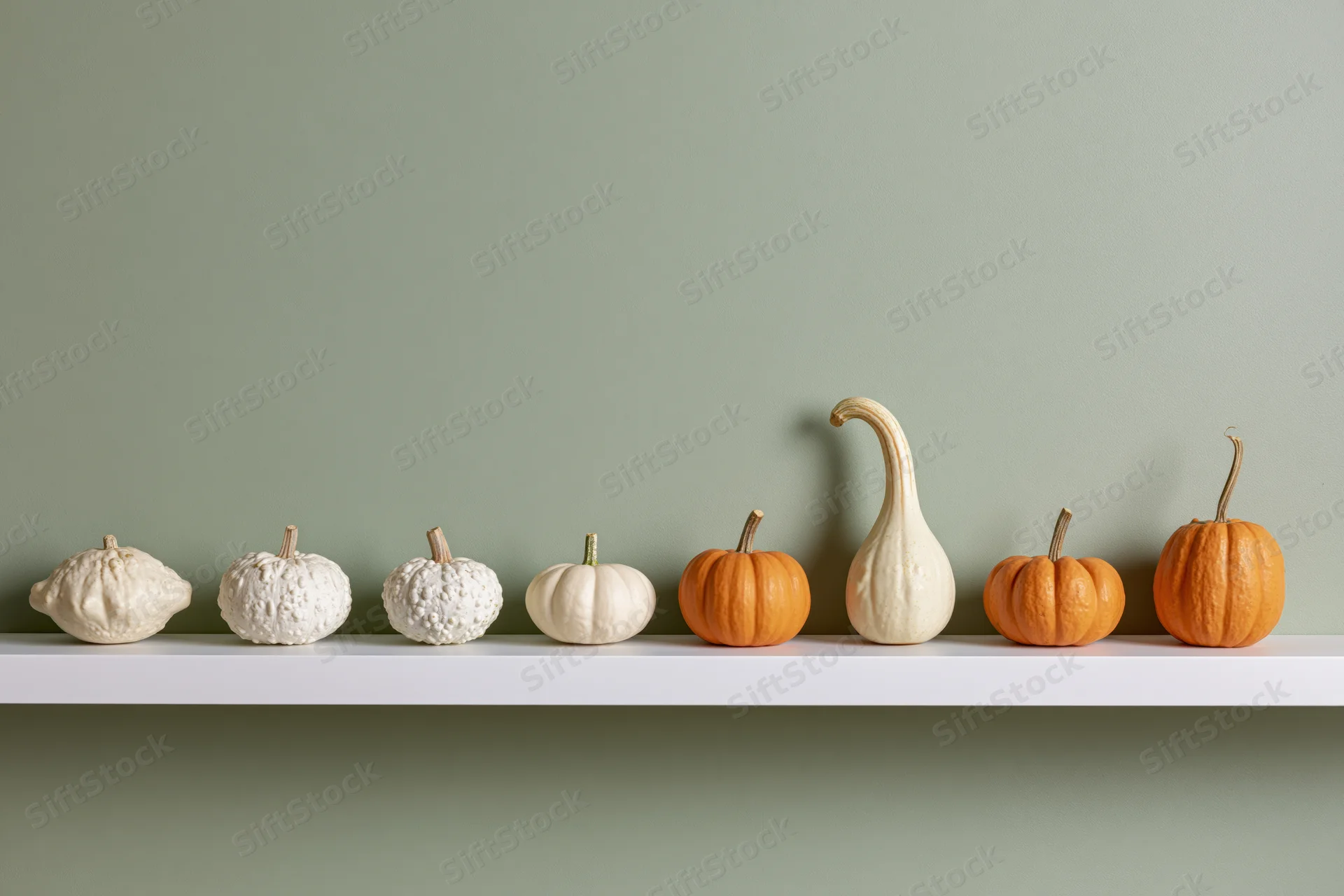 Decorative gourds and mini pumpkins arranged in a row on a white shelf against a sage green wall