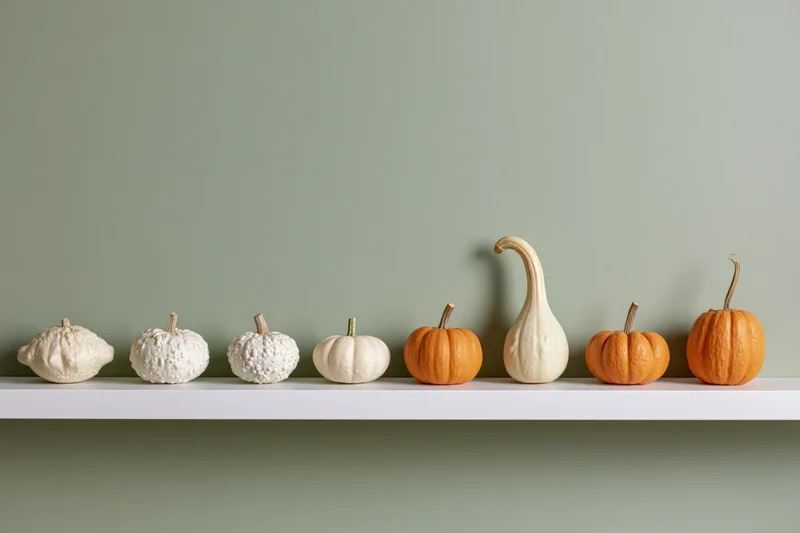Decorative gourds and mini pumpkins arranged in a row on a white shelf against a sage green wall
