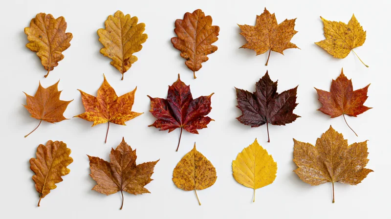 Dried autumn maple leaves arranged in a loose grid on white background