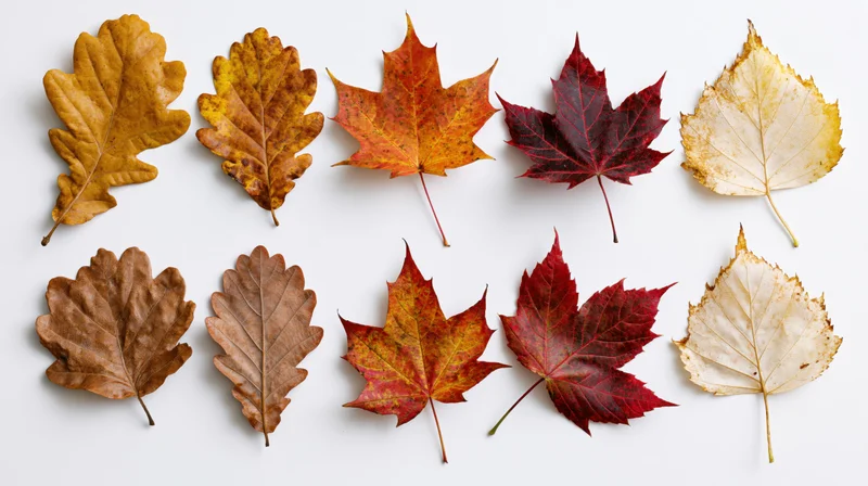 Eleven autumn leaves arranged in a loose grid on white background