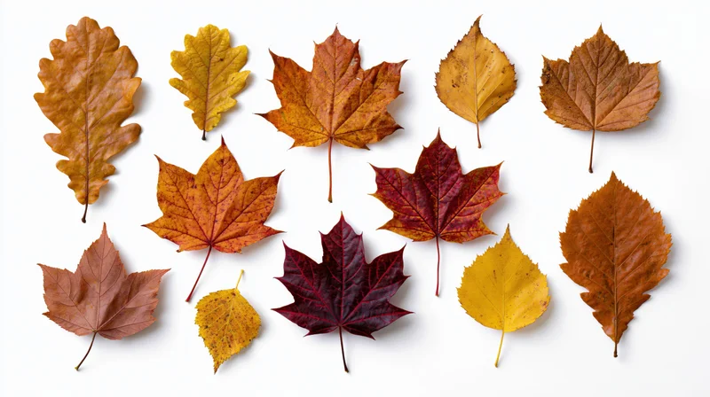 Eleven autumn leaves arranged in a loose grid on white background