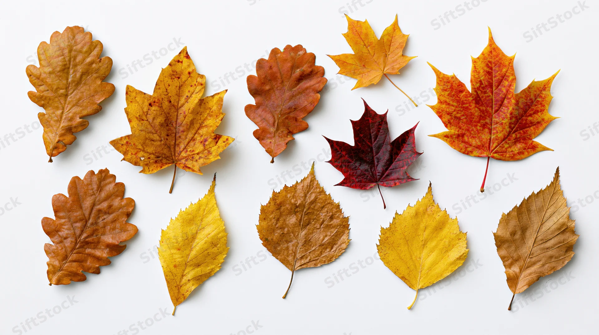 Eleven autumn leaves arranged in a loose grid on white background